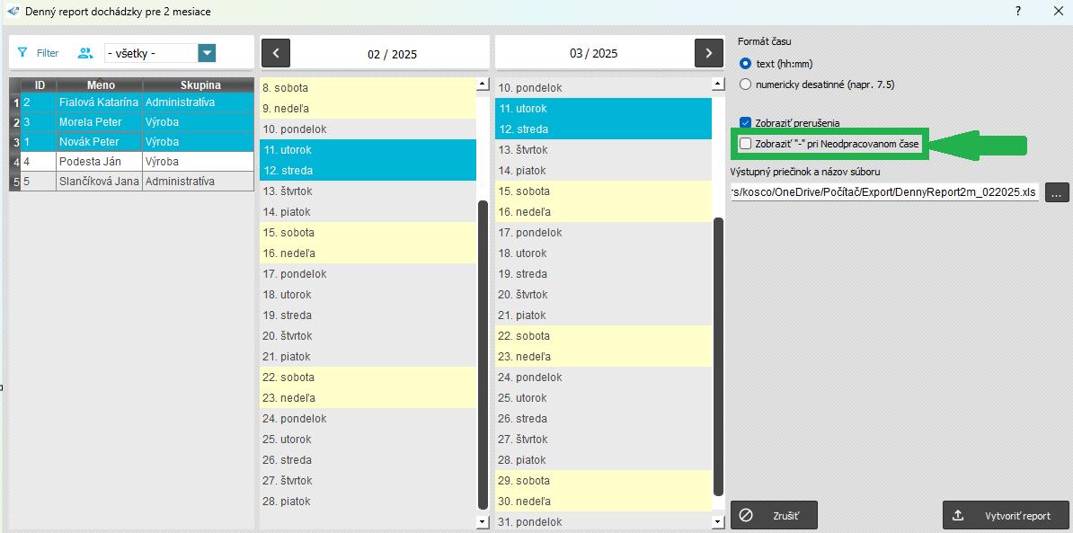 Denný report dochádzky 2 mesiace - Zobraziť mínus