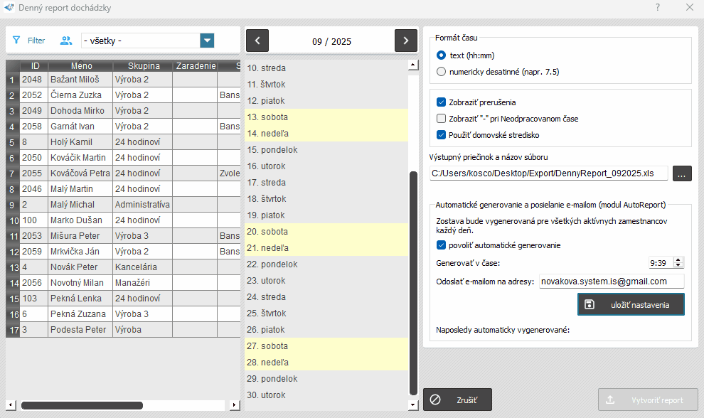 Denný report dochádzky nastavenie - automatické generovanie názvu súboru