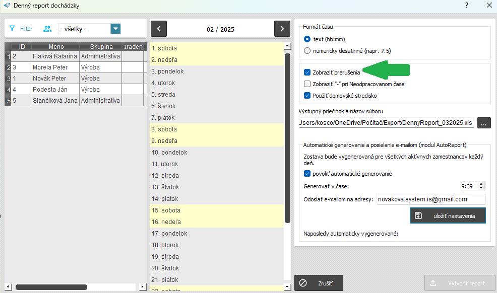 Denný report dochádzky - zobraziť prerušenia