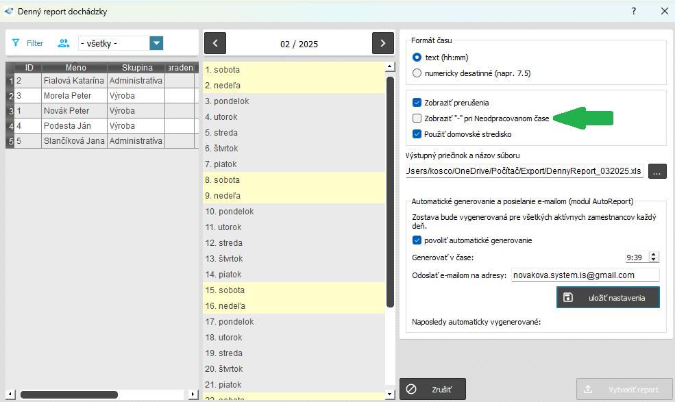 Denný report dochádzky - zobraziť mínus pri neodpracovanom čase