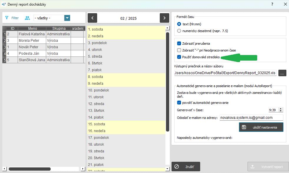 Denný report dochádzky - použíť domovské stredisko