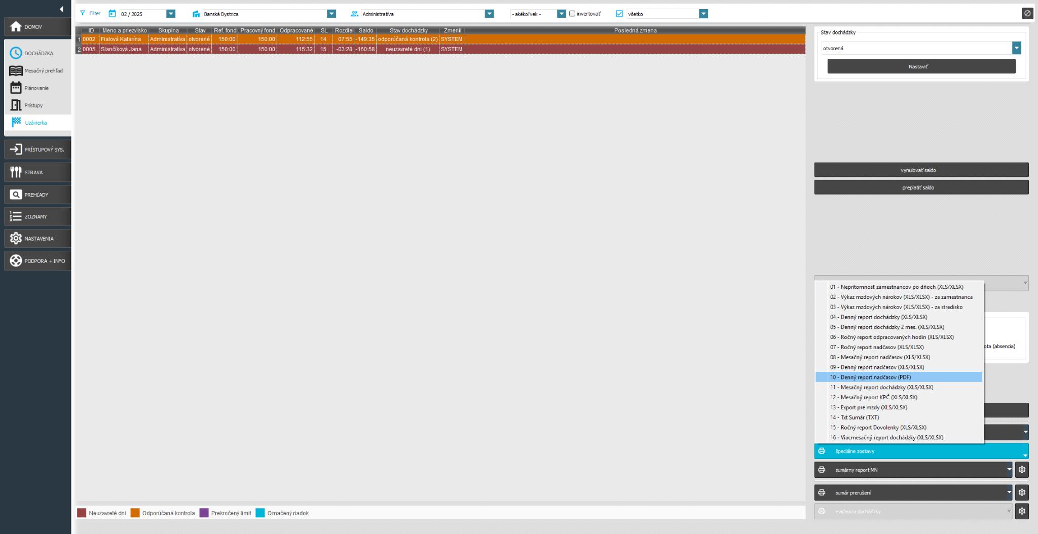 Špeciálne zostavy - Denný report nadčasov