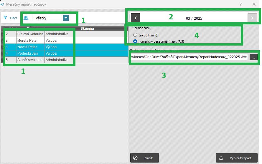 Špeciálne zostavy - Mesačný report nadčasov xls - nastavenia