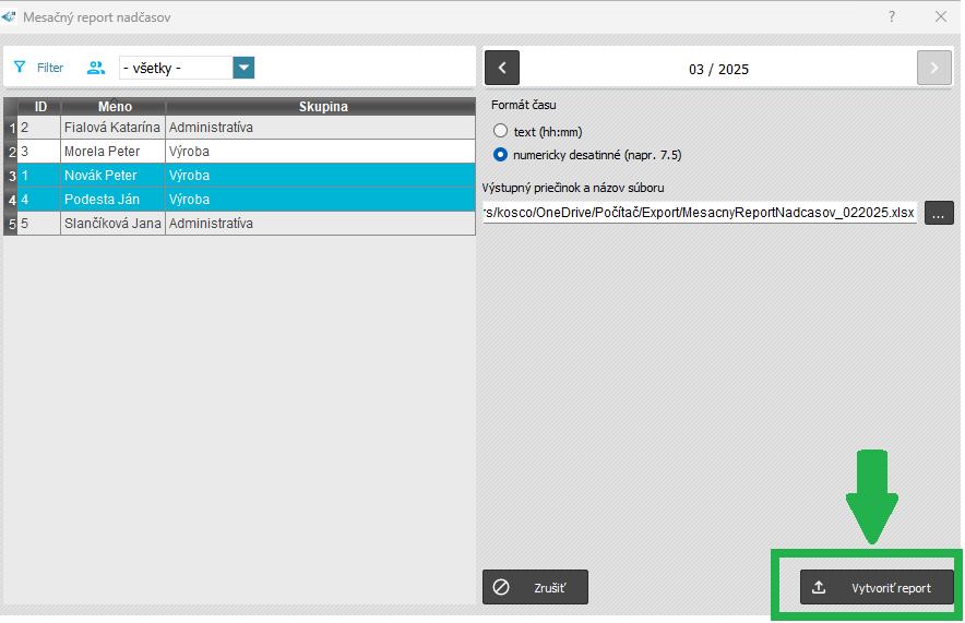 Špeciálne zostavy - Mesačný report nadčasov xls - vytvoriť report