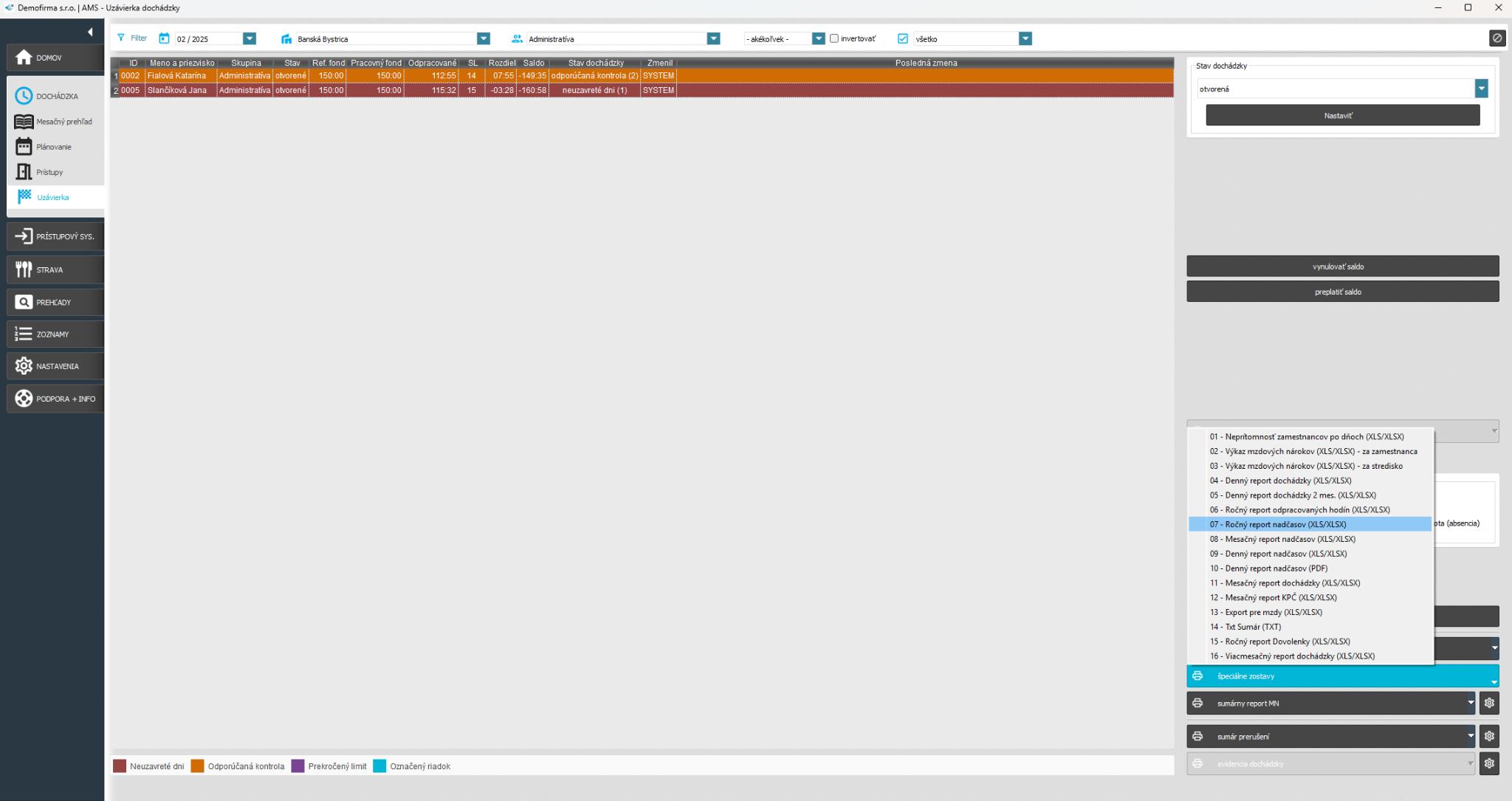 Špeciálne zostavy - Ročný report nadčasov xls
