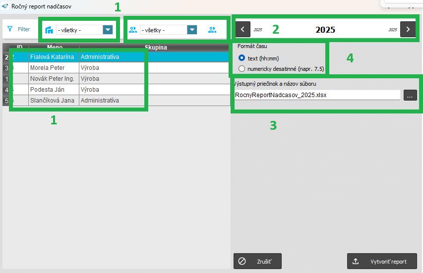 Špeciálne zostavy - Ročný report nadčasov xls - nastavenia