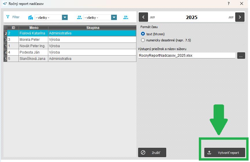 Špeciálne zostavy - Ročný report nadčasov xls - vytvoriť report