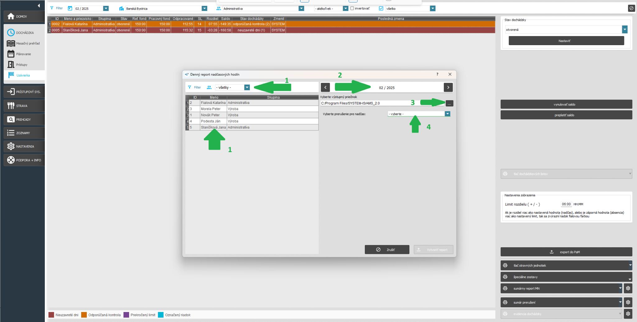 Špeciálne zostavy - Denný report nadčasov - nastavenia
