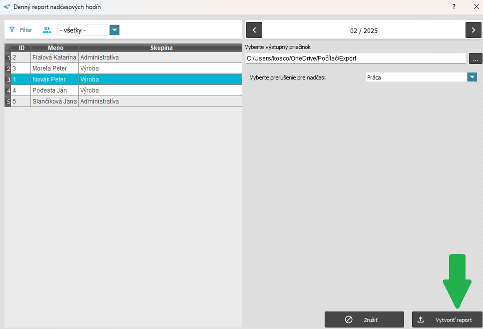 Špeciálne zostavy - Denný report nadčasov - vytvoriť report