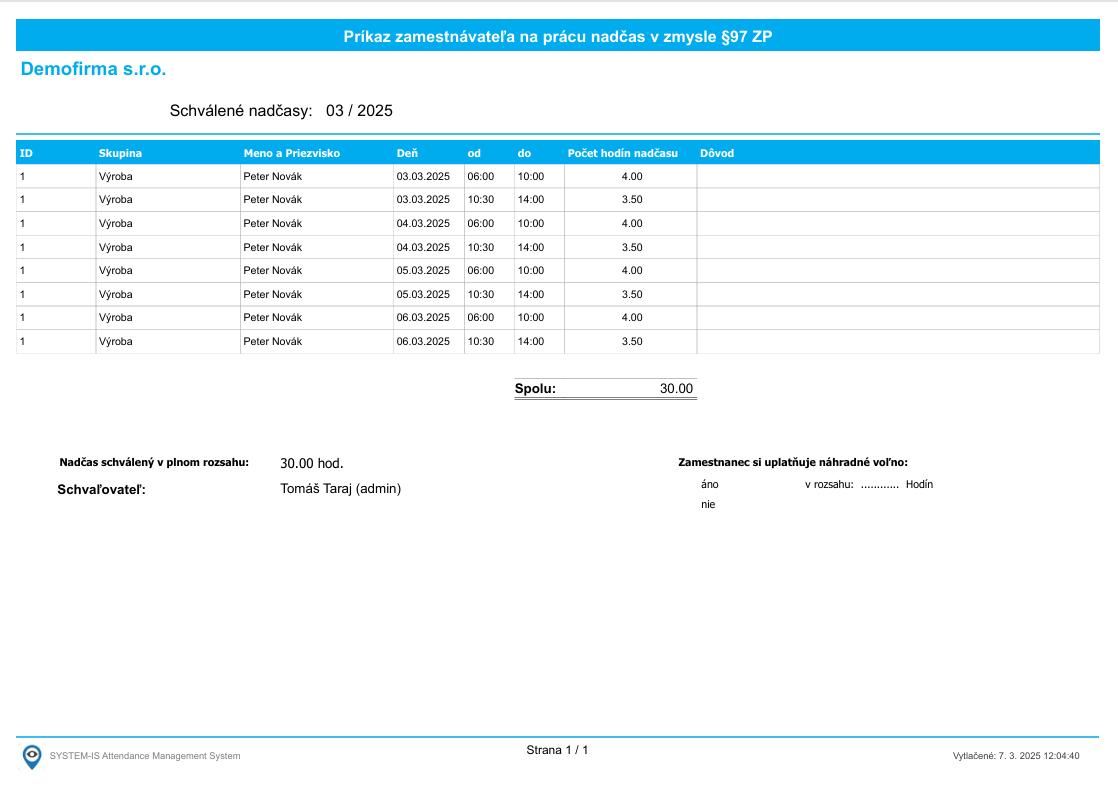 Špeciálne zostavy - Denný report nadčasov - výstup