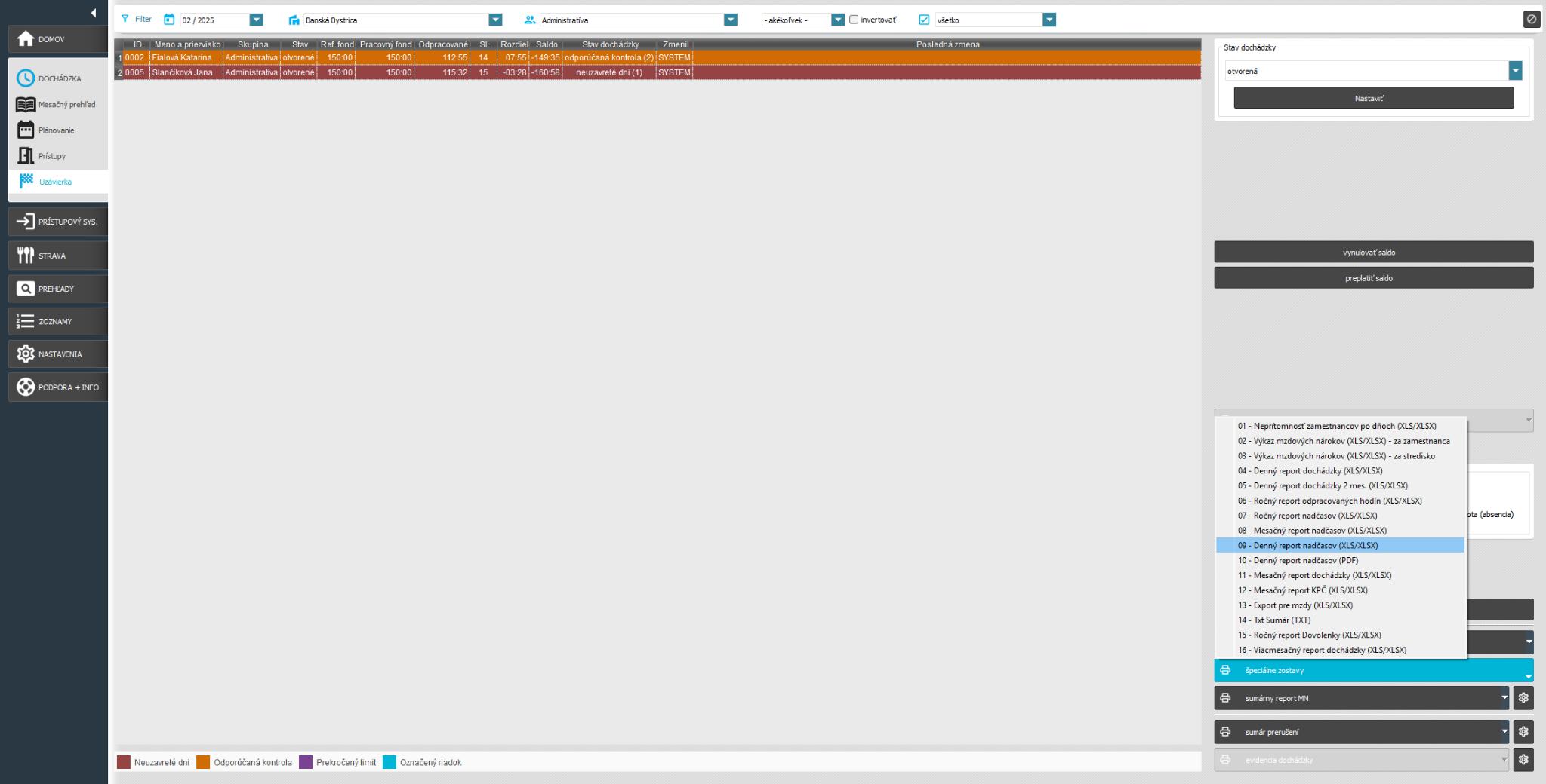 Špeciálne zostavy - Denný report nadčasov xls