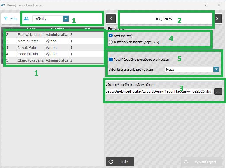 Špeciálne zostavy - Denný report nadčasov xls - nastavenia