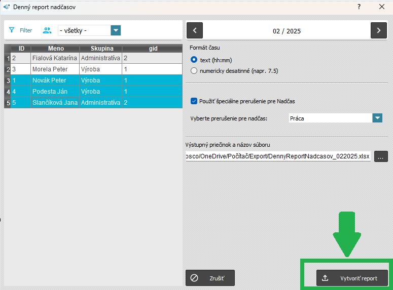Špeciálne zostavy - Denný report nadčasov xls - vytvoriť report