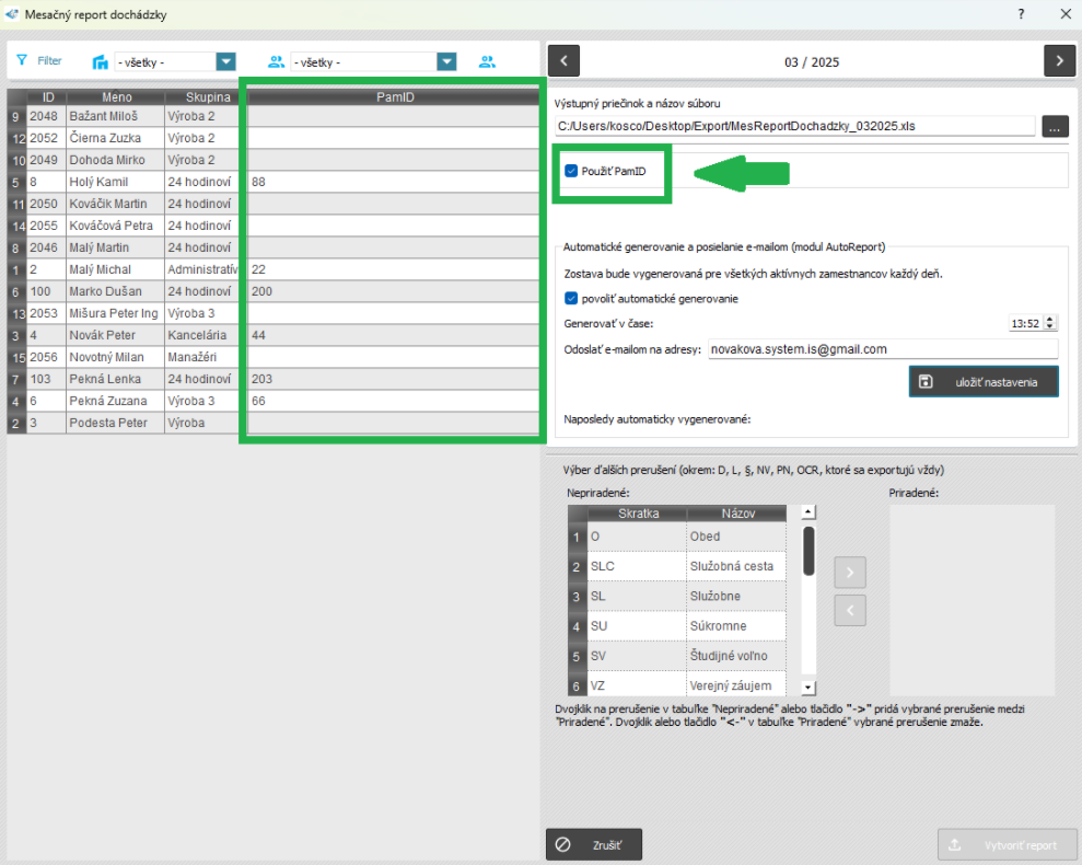 Špeciálne zostavy - Mesačný report dochádzky - nastavenia PaM ID