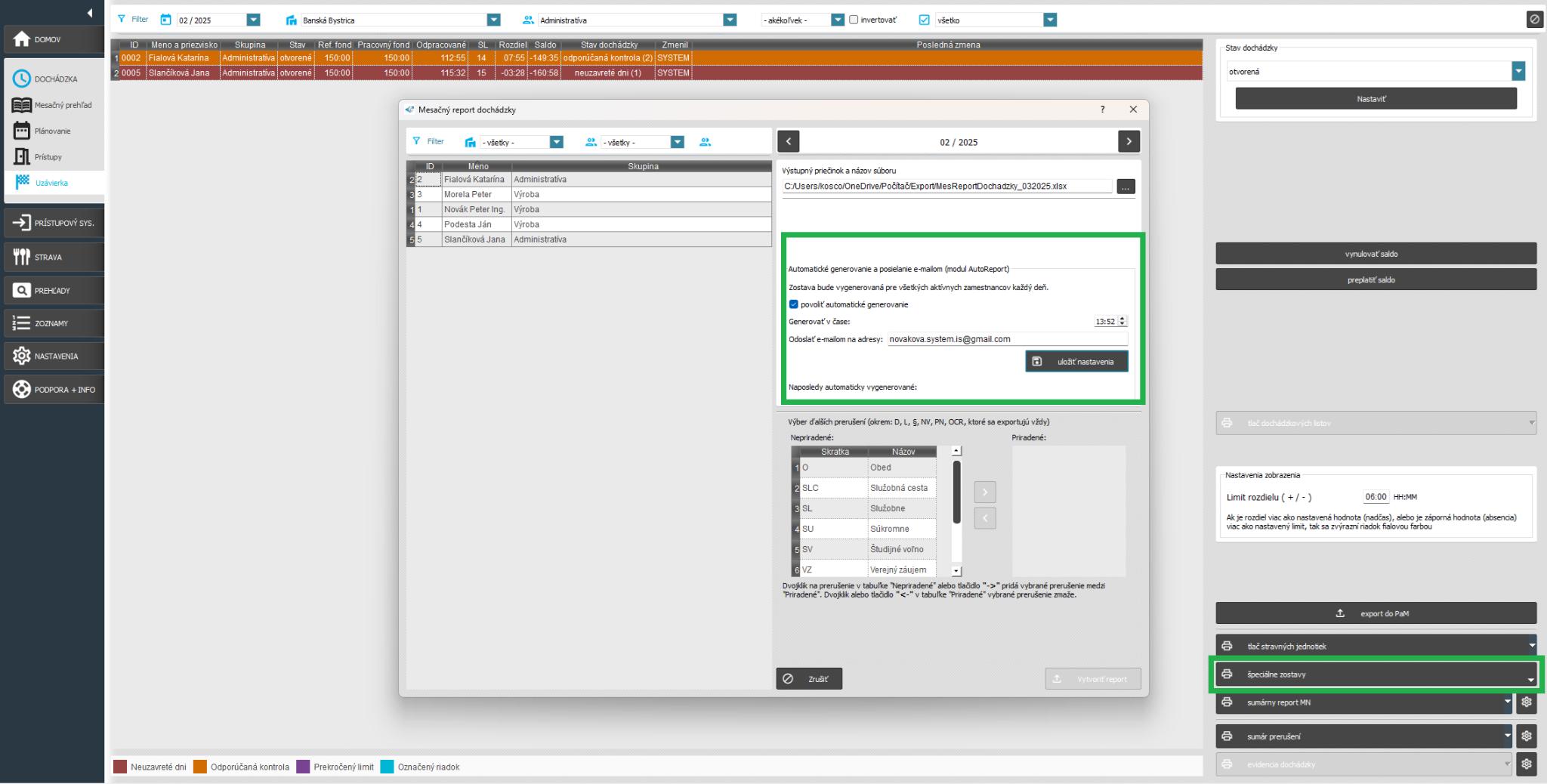 Špeciálne zostavy - Automatický report dochádzky