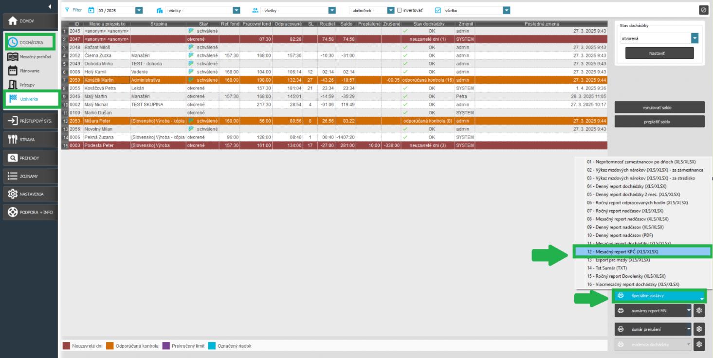 Špeciálne zostavy - Mesačný report KPČ
