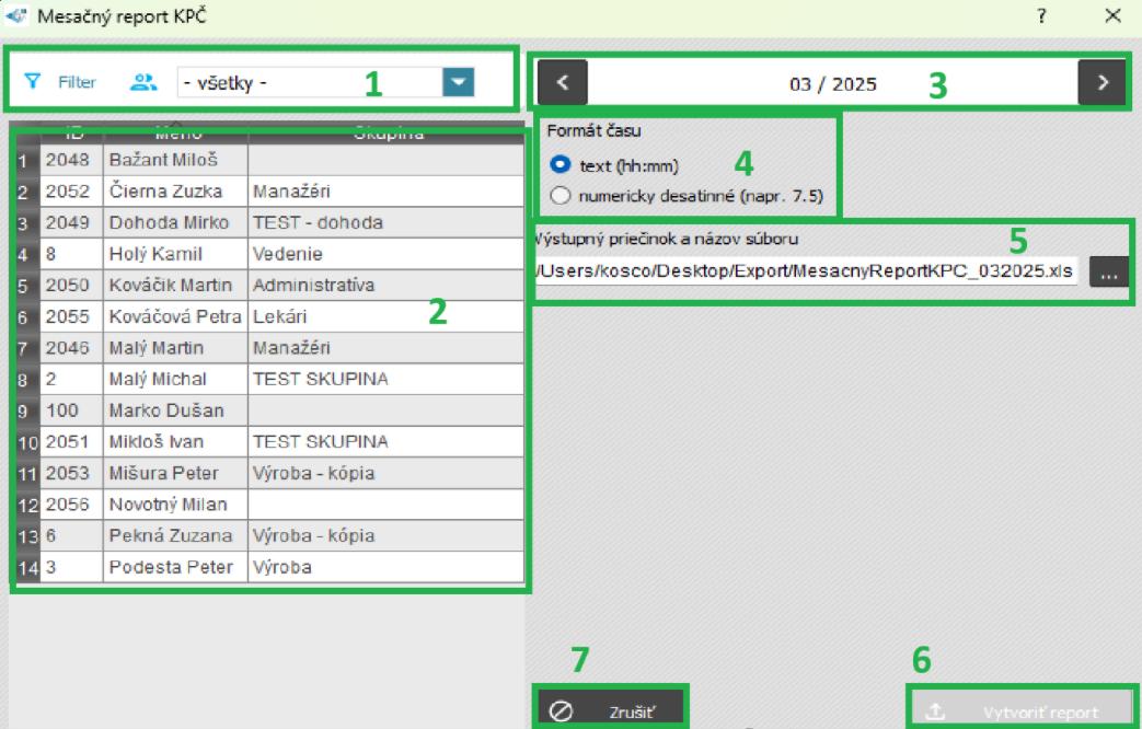 Špeciálne zostavy - Mesačný report KPČ - nastavenie