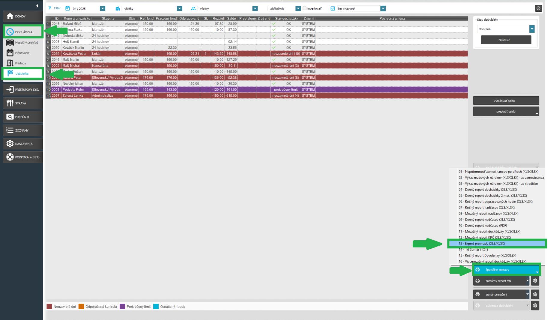 Špeciálne zostavy - Export pre mzdy