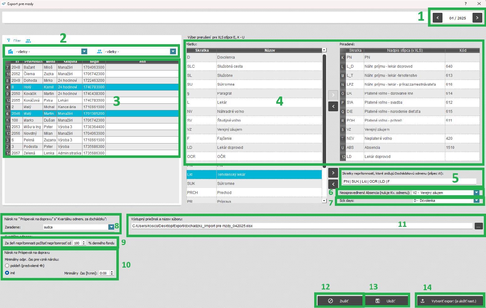 Špeciálne zostavy - Export pre mzdy - nastavenia
