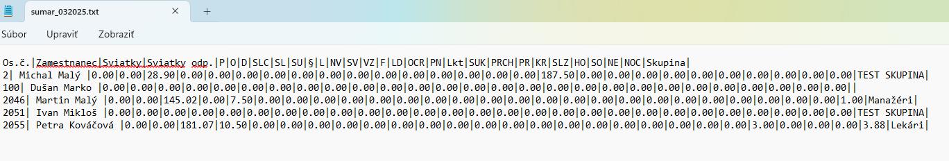 Špeciálne zostavy - TXT Sumár - výstup