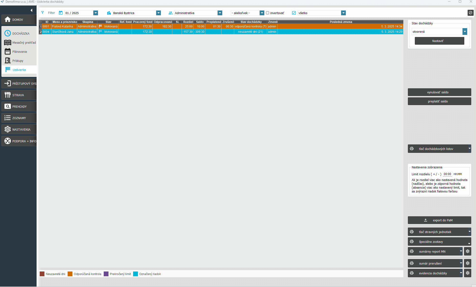 Uzávierka - uzatvorenie, otvorenie, schválenie dochádzky