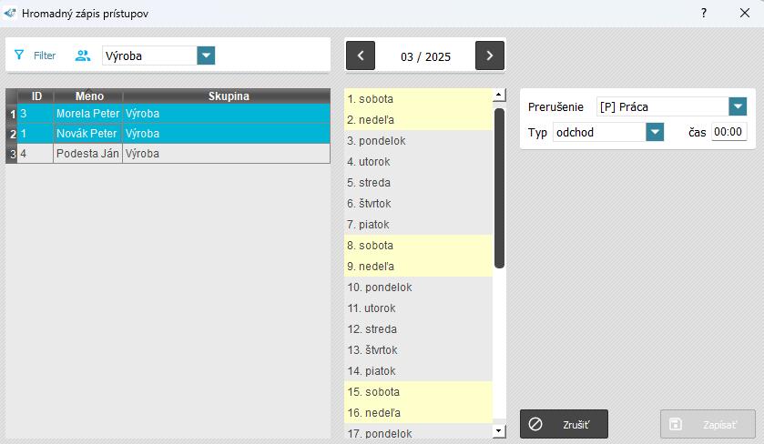 Karta Prístupový systém - Prístupy - Hromadný prístup - označenie zamestnanca
