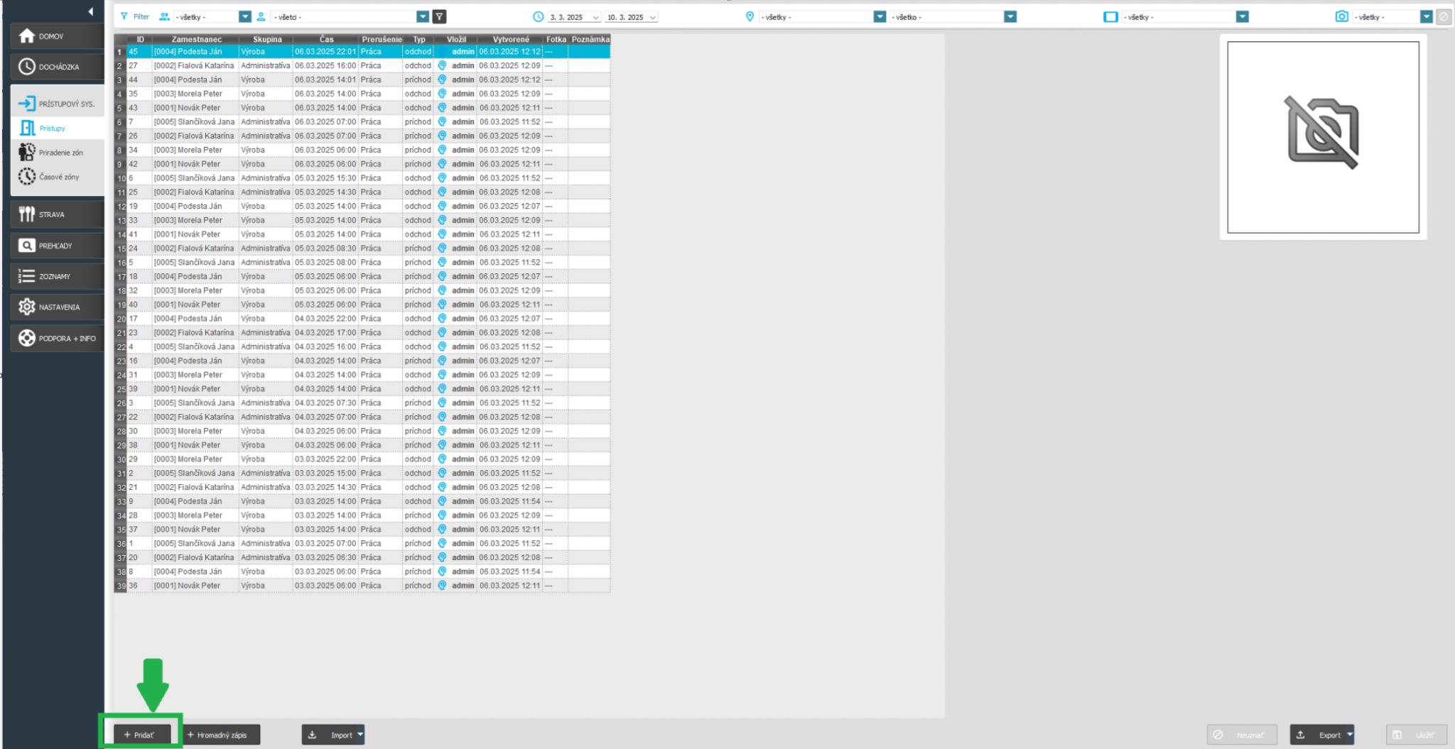 Karta Prístupový systém - Prístupy - Tlačidlo pridať