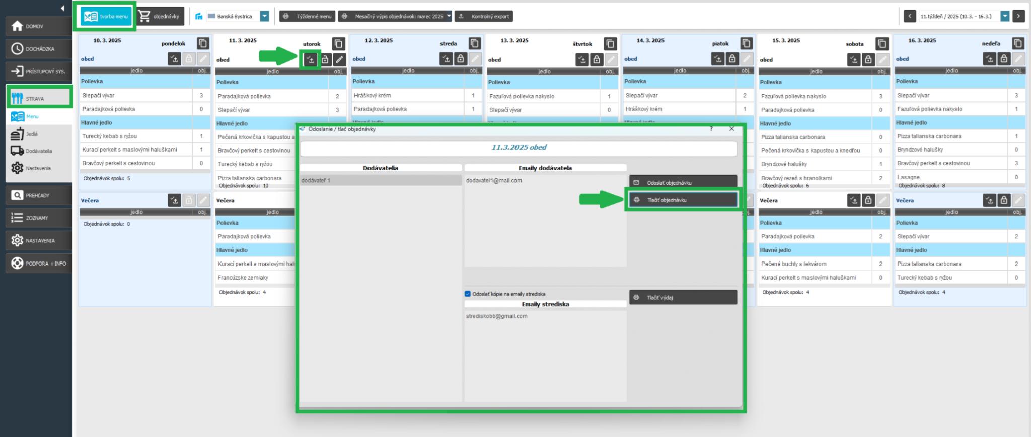 Strava - menu - Tlač objednávky