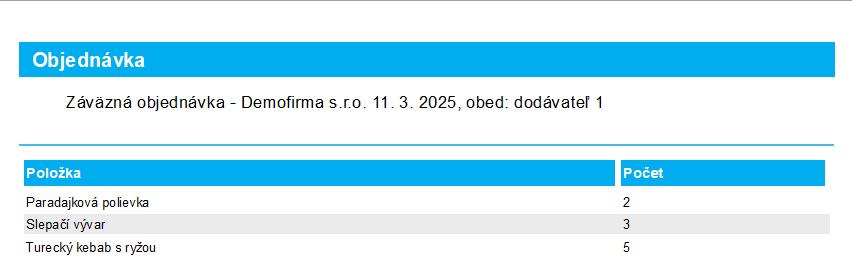 Strava - menu - Tlač objednávky - výstup