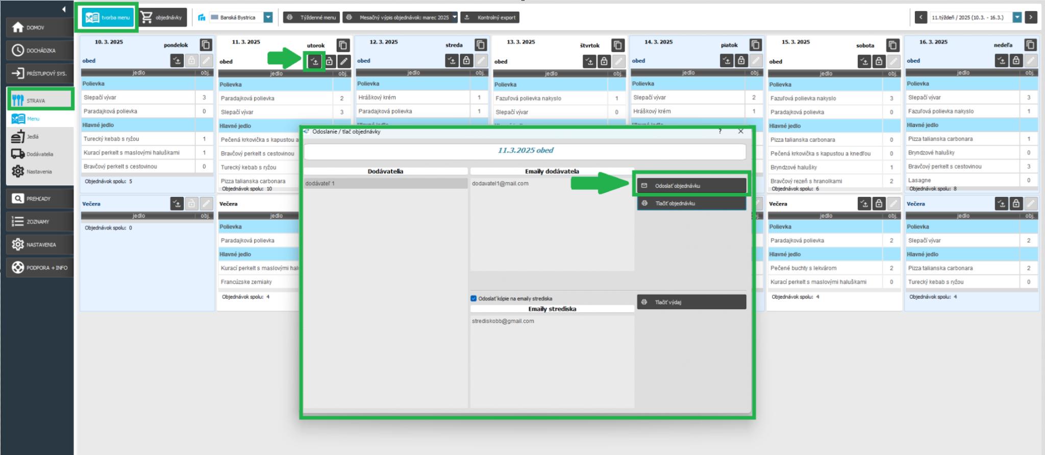 Strava - menu - Odoslanie objednávky