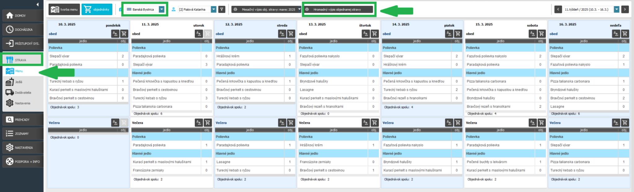 Strava - menu - Hromadný výpis objednanej stravy