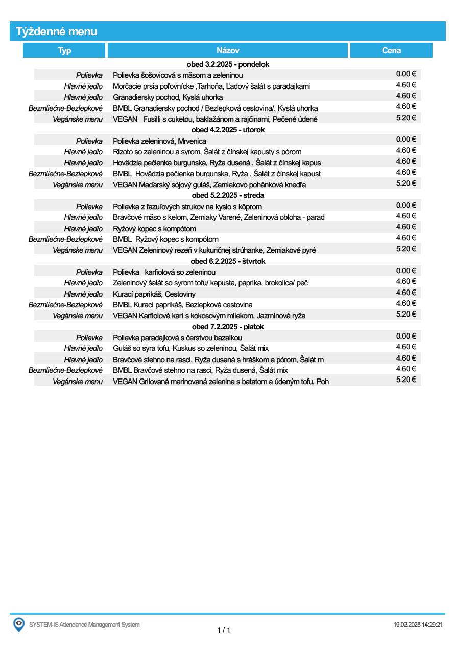 Strava - menu - týždenné menu - výstup