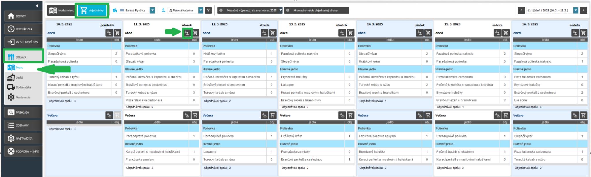Strava - menu - Prehľad objednávok zamestnanca