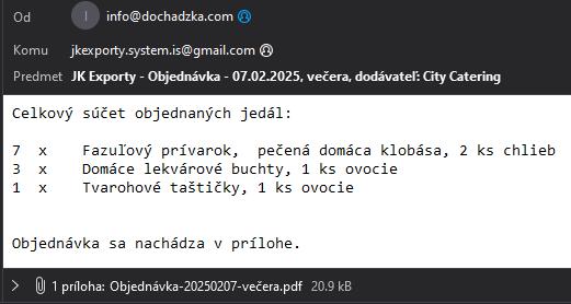 Strava - menu - Automatická objednávka - výstup e-mail