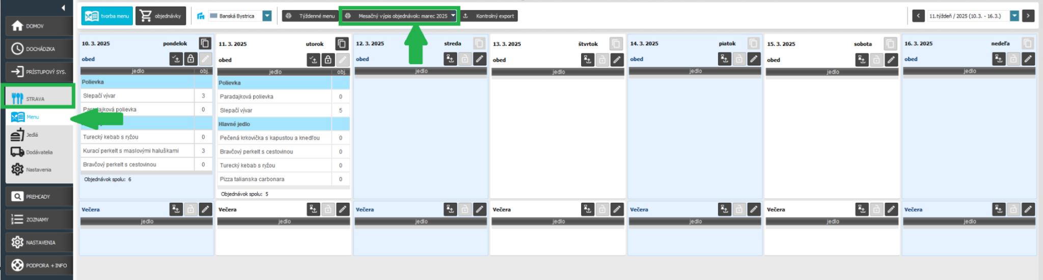 Strava - menu - Mesačný výpis objednávok