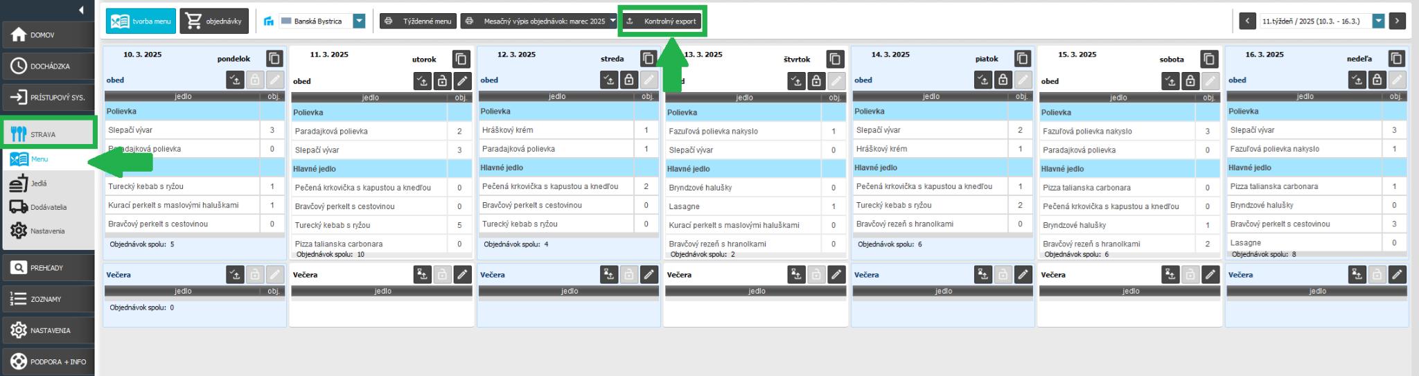 Strava - menu - Kontrolný export