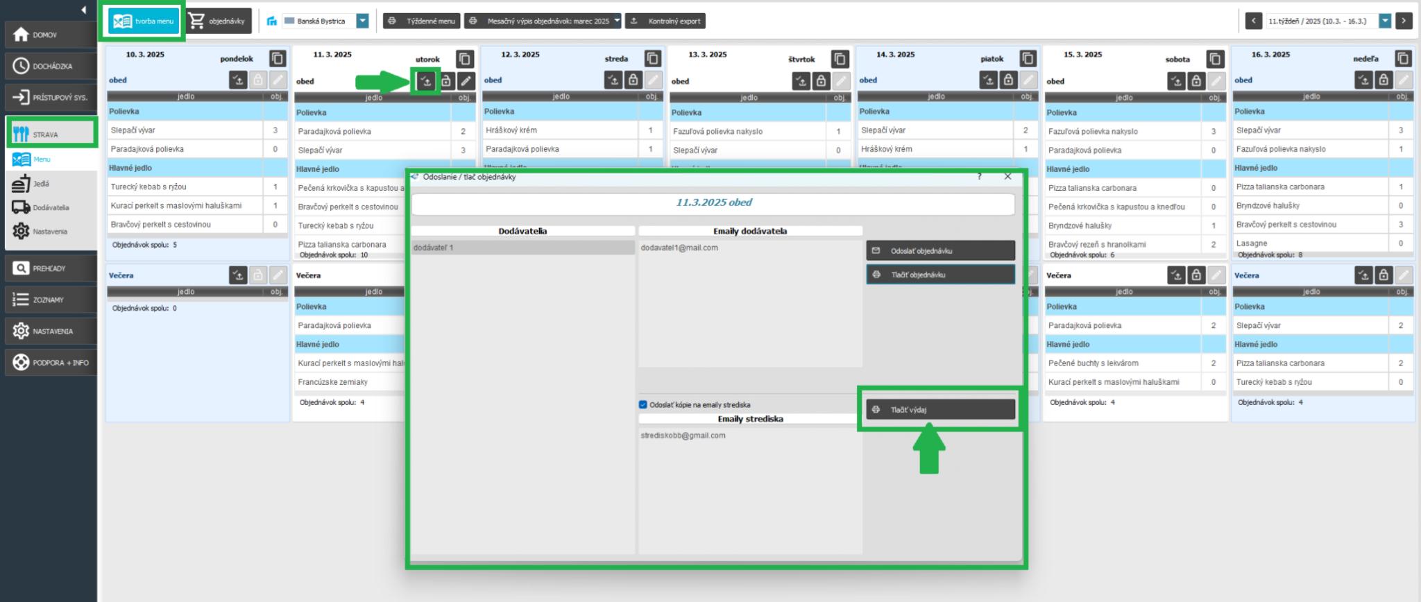 Strava - menu - Tlač výdaja