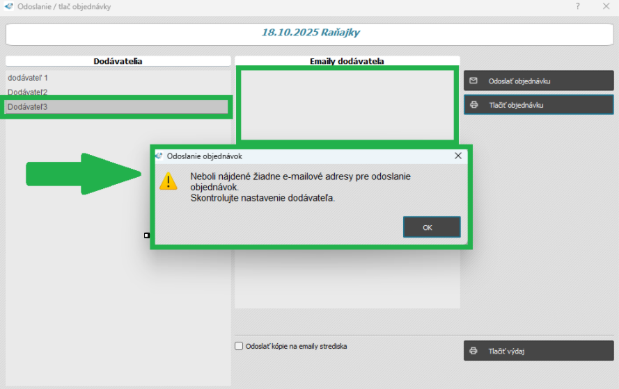 Strava - Menu - tvorba menu - odoslanie objednávky dodávateľovi - hlásenie o chýbajúcom e-mail
