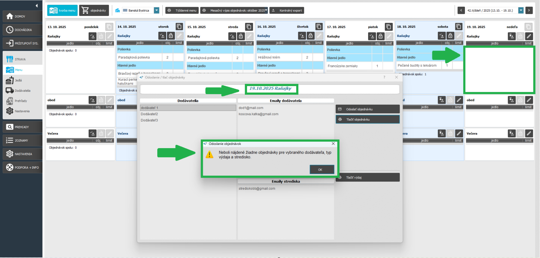 Strava - Menu - tvorba menu - odoslanie objednávky dodávateľovi - hlásenie o chýbajúcom menu