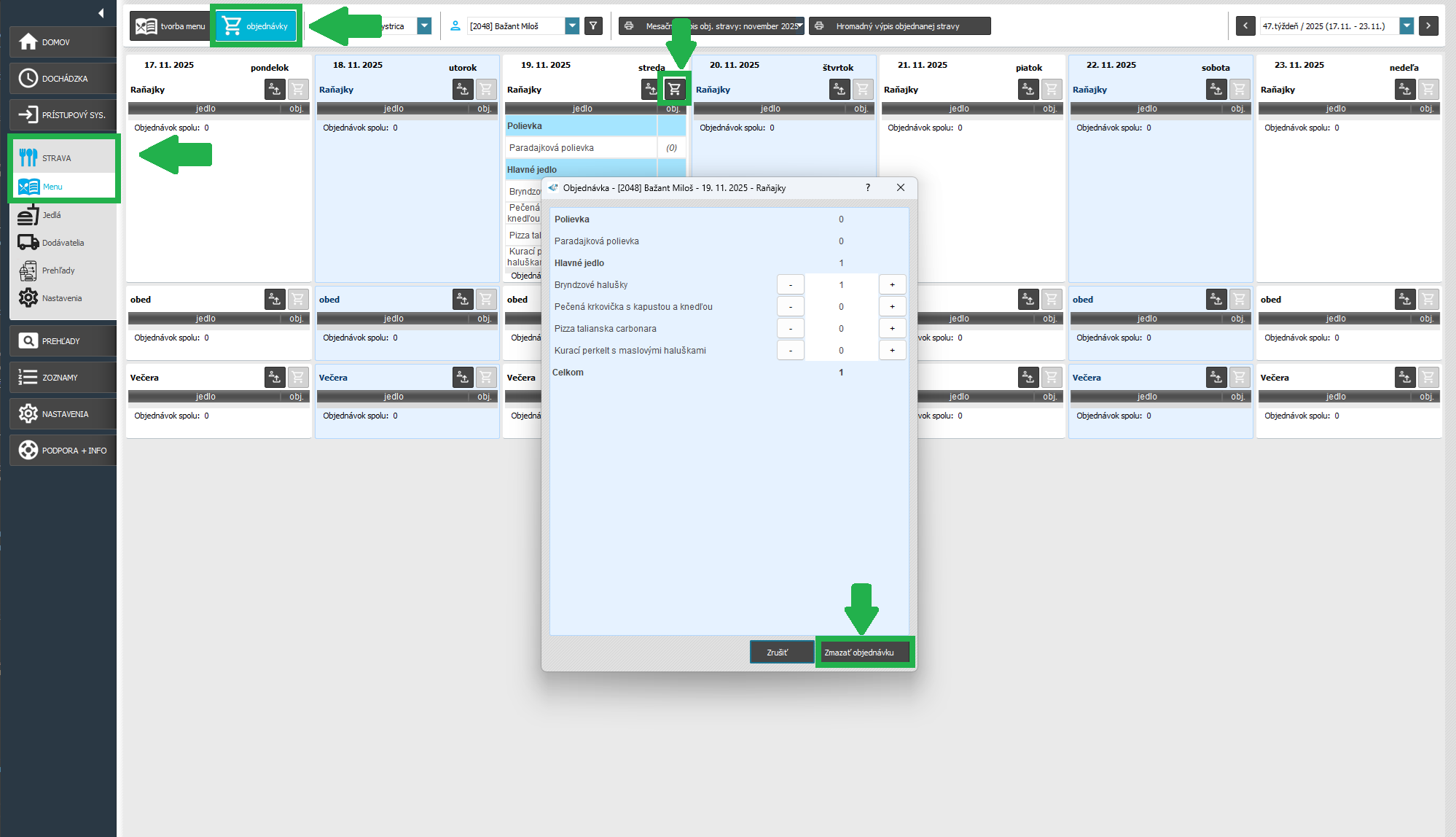 Strava - Menu - objednávky - zmena objednávky pre zamestnanca - zmazať objednávku