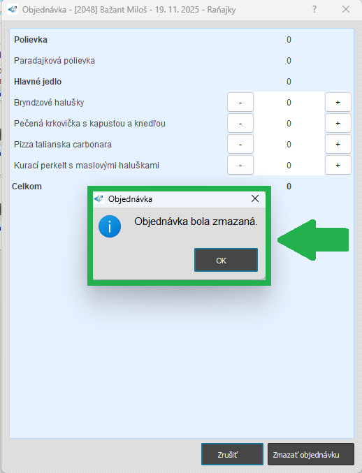Strava - Menu - objednávky - zmena objednávky pre zamestnanca - zmazať objednávku - hlásenie