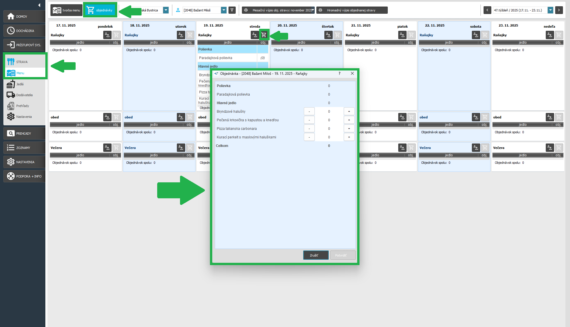 Strava - Menu - objednávky - zmena objednávky pre zamestnanca - opätovné vytvornie objednávky pre zamestnanca administrátorom