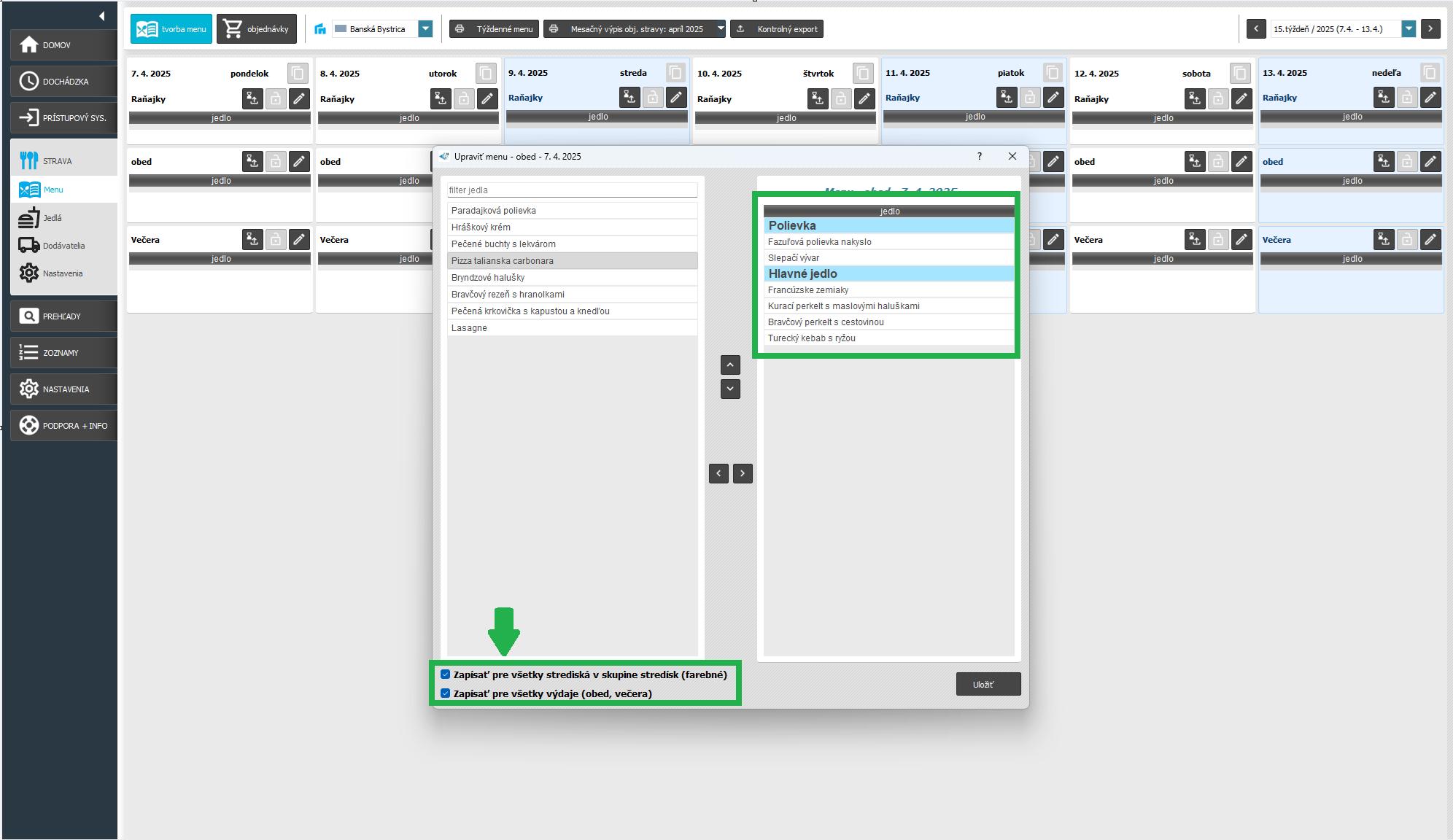 Strava - Tvorba menu - špeciálne možnosti
