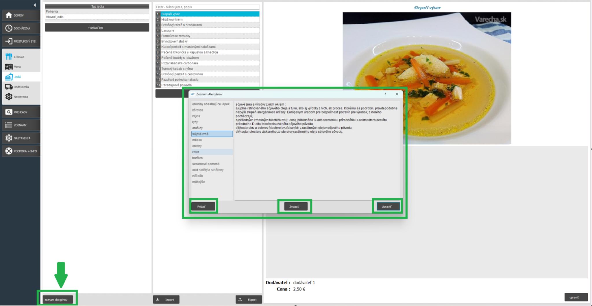 Strava - Jedlá - zoznam alergénov