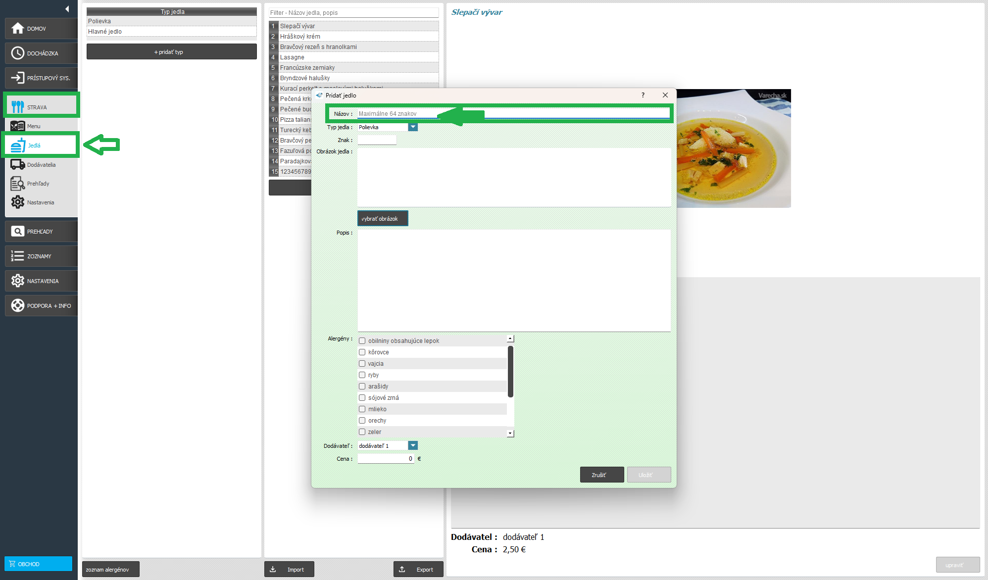 Strava - Jedlá - maximálna dĺžka pre názov jedla