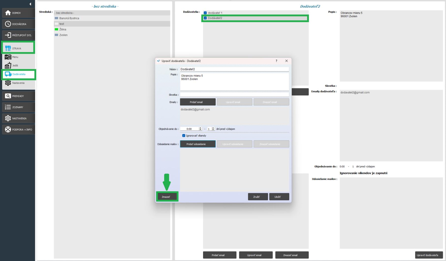 Strava - Dodávatelia - zmazať dodávateľa