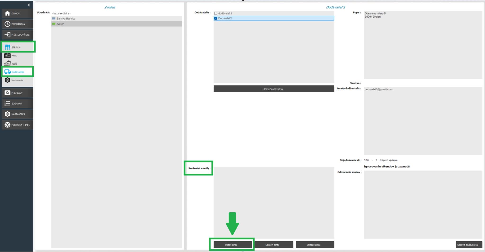 Strava - Dodávatelia - kontrolné e-maily