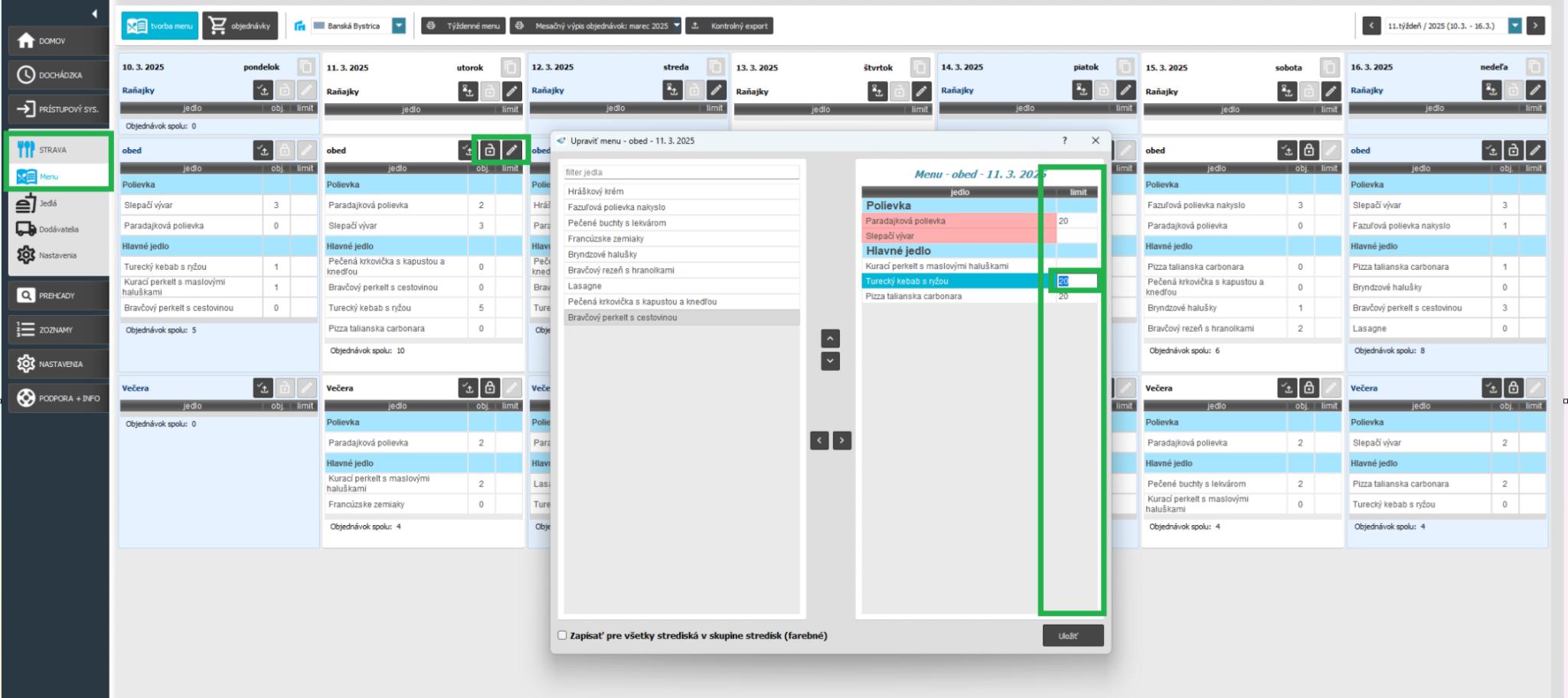 Strava - Tvorba menu - zadanie limitu
