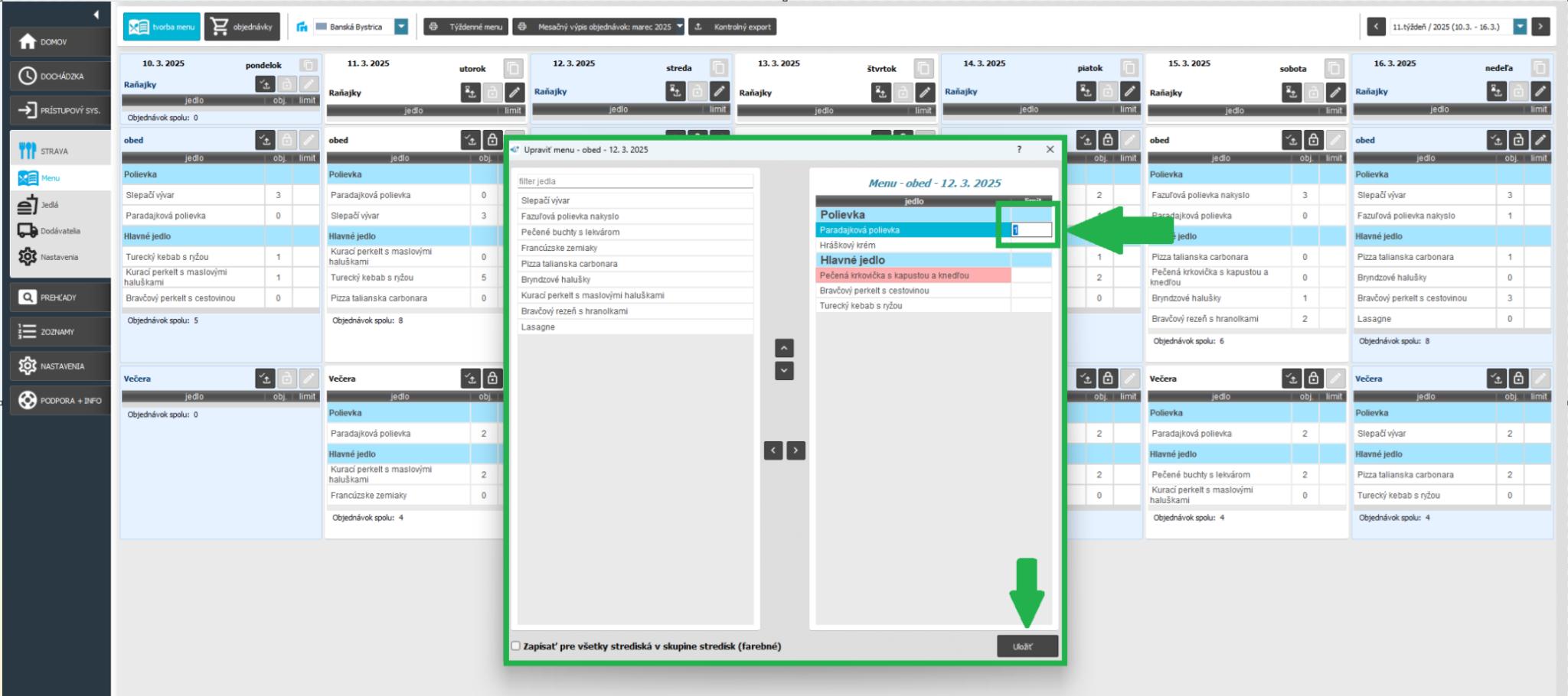 Strava - Objednávky - Zmena limitu