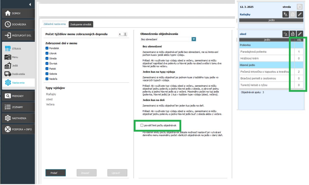 Strava - Objednávky - deaktivácia limitu